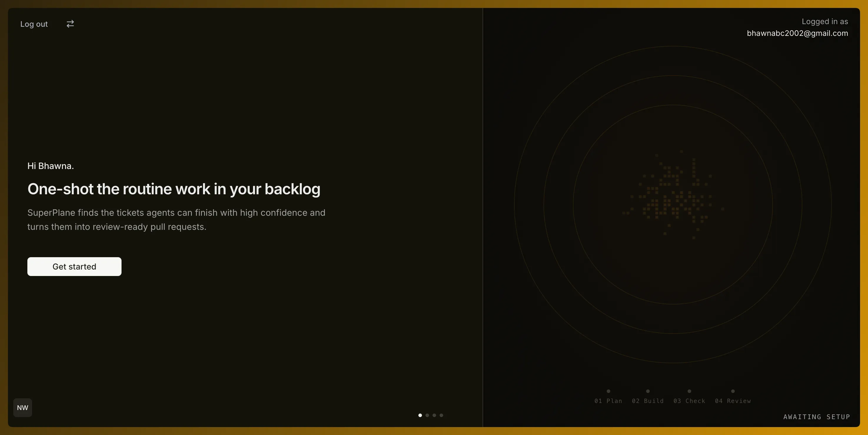 SuperPlane onboarding screen with the Get started button