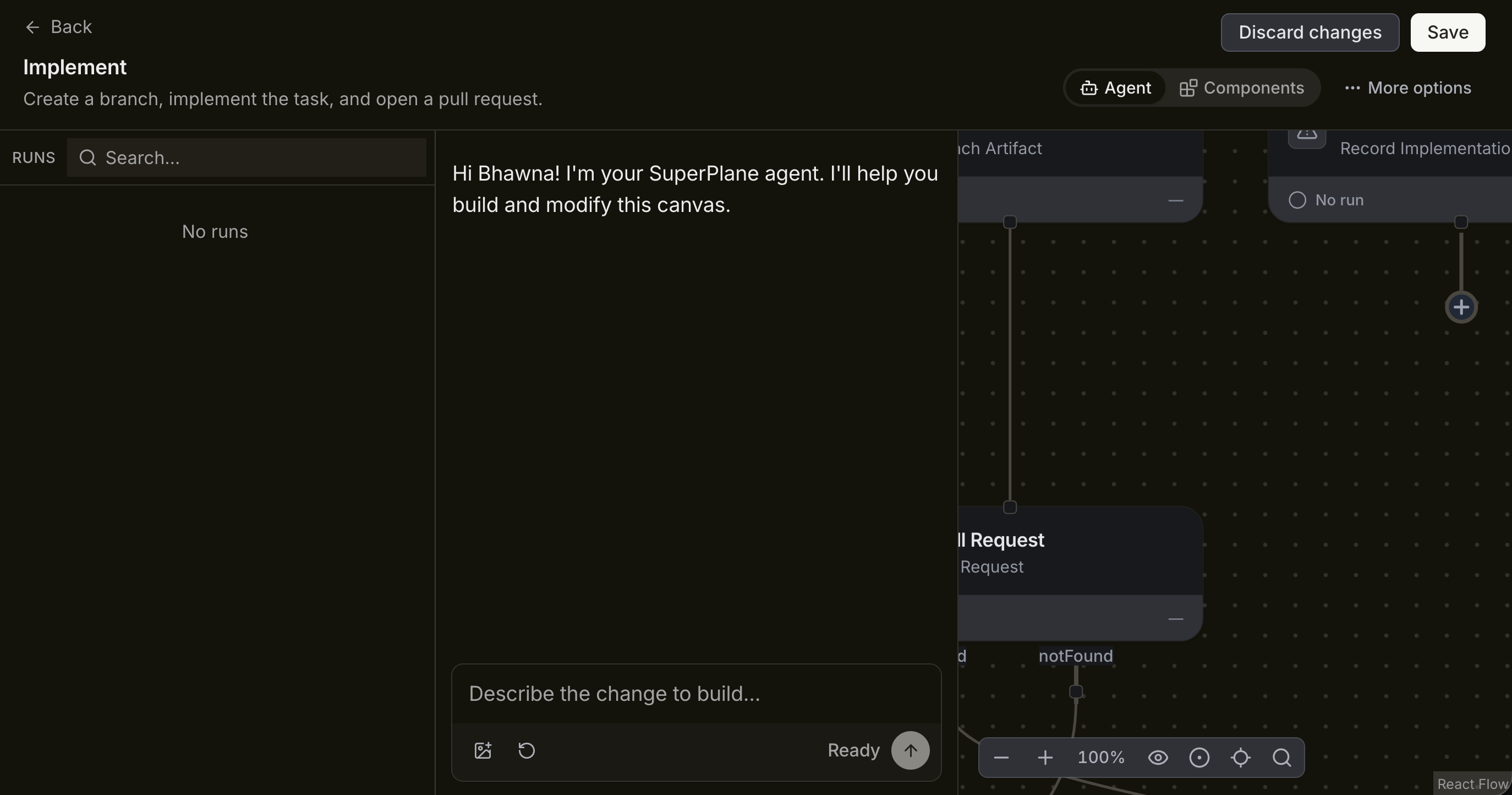 The SuperPlane agent open beside an Implement automation while the user describes a canvas change.