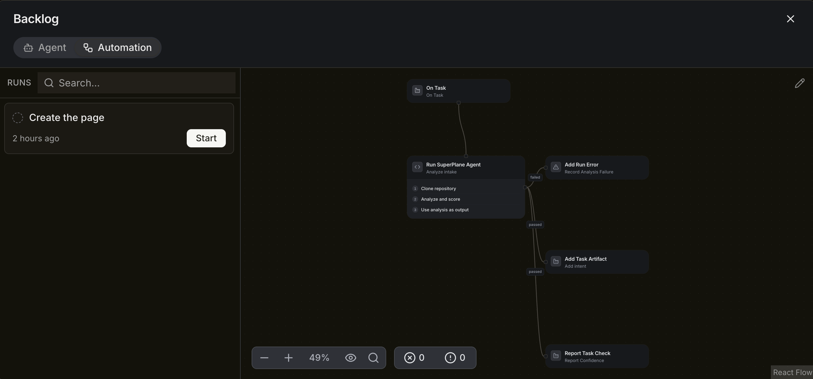 A Backlog automation with an On Task trigger, a SuperPlane agent, failure recording, an artifact and a confidence check.