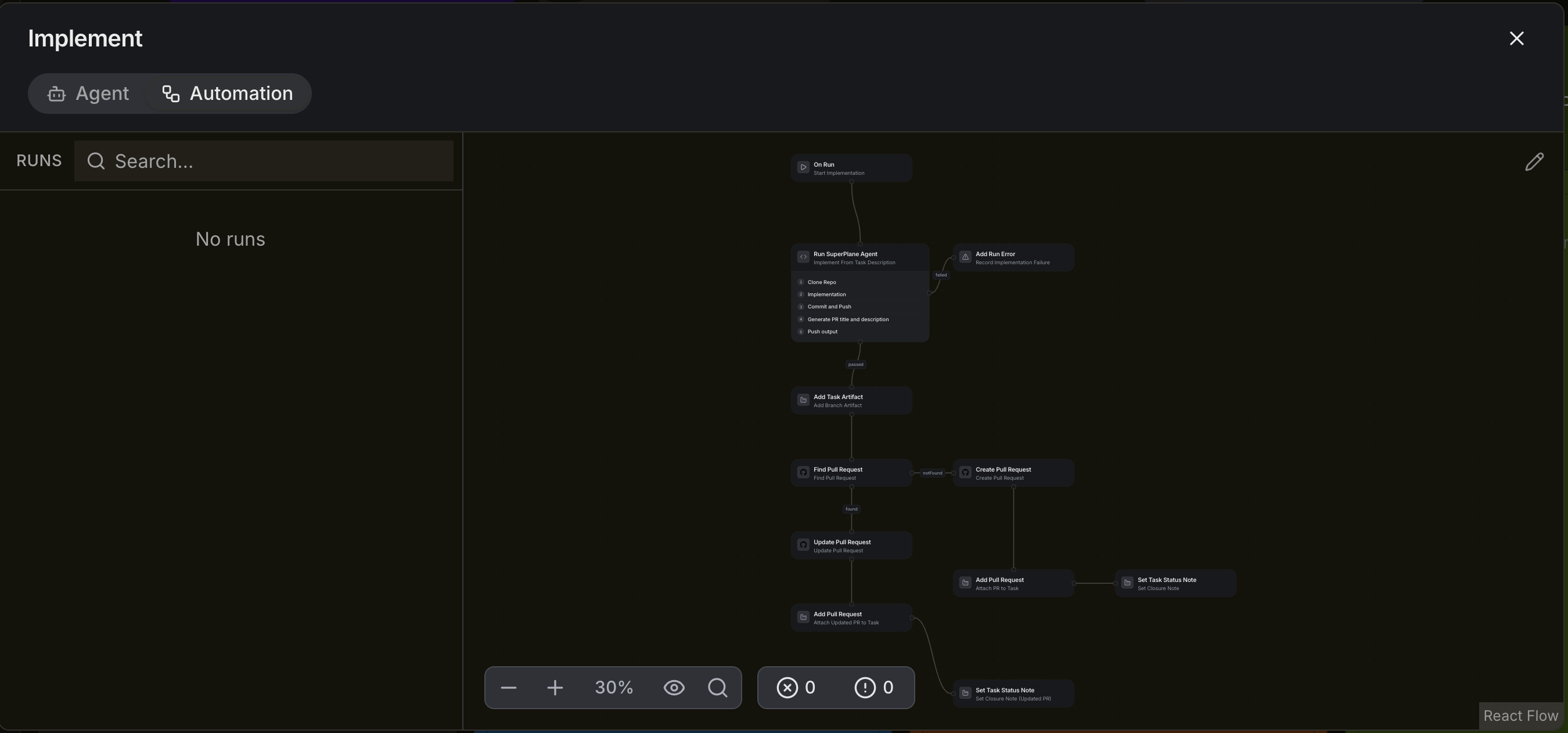 An Implement automation that runs a SuperPlane agent, records errors, attaches a branch and creates or updates a pull request.