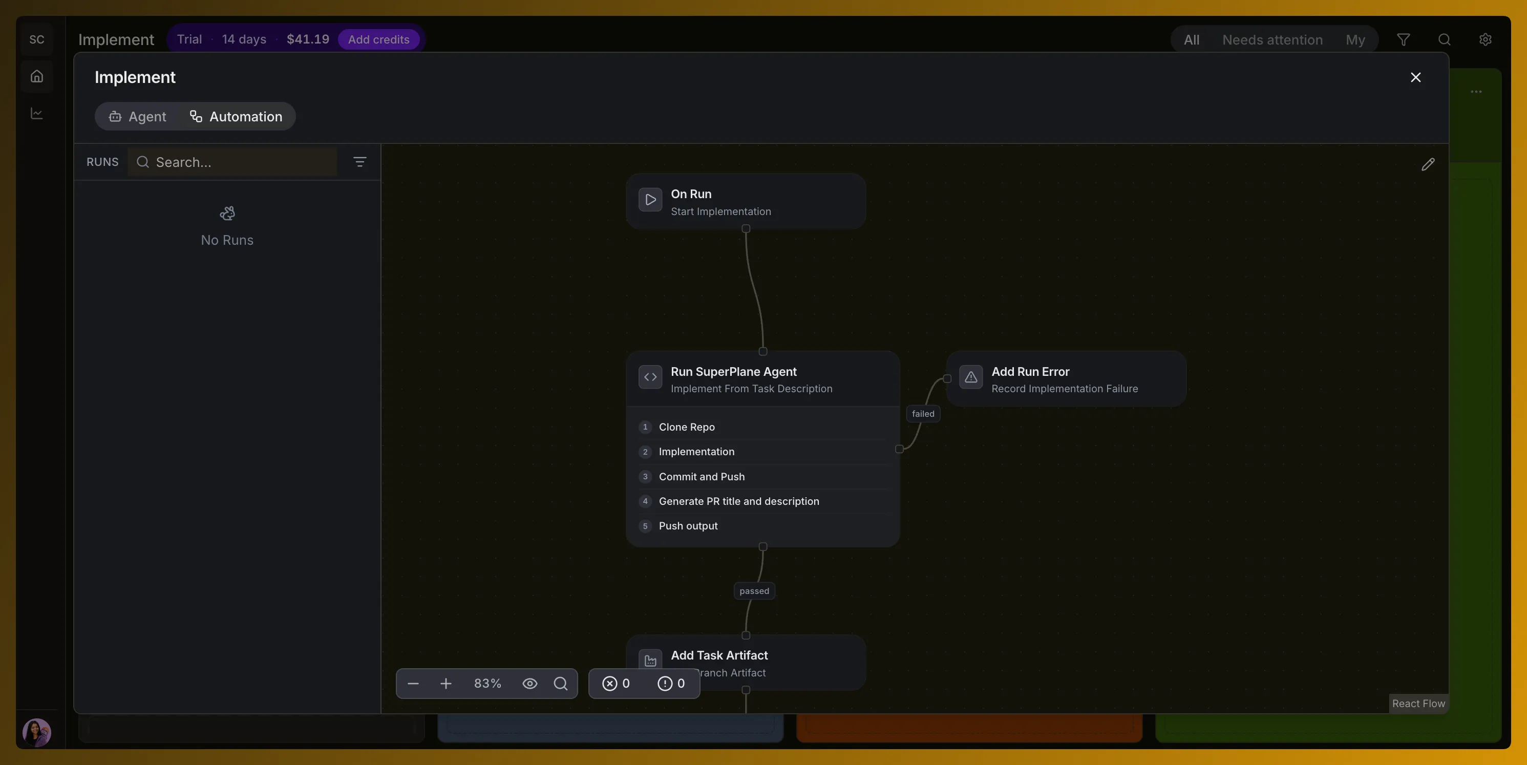 SuperPlane implementation automation running an agent and recording task artifacts