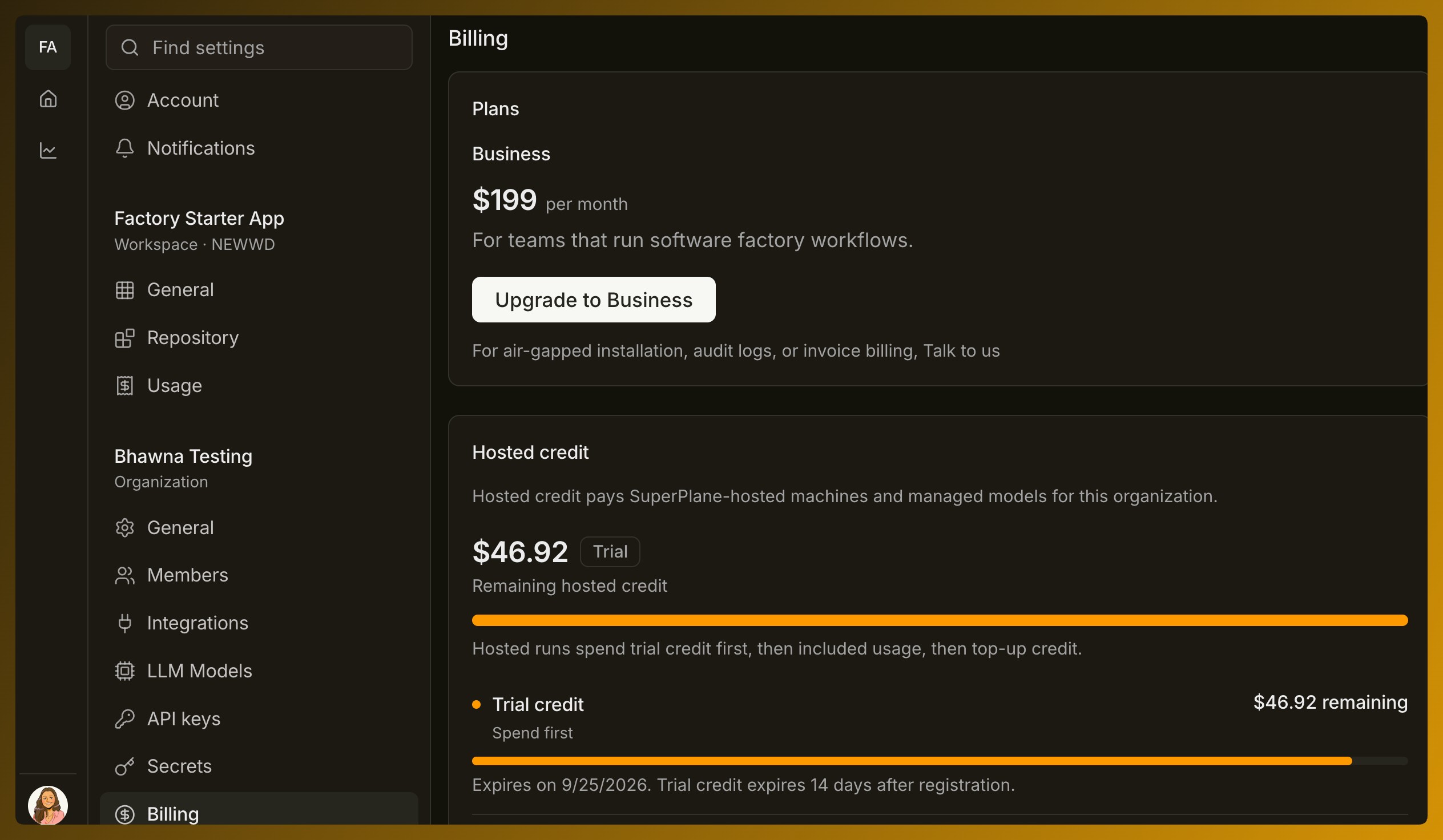 SuperPlane organization billing settings showing the Business plan and remaining hosted credit