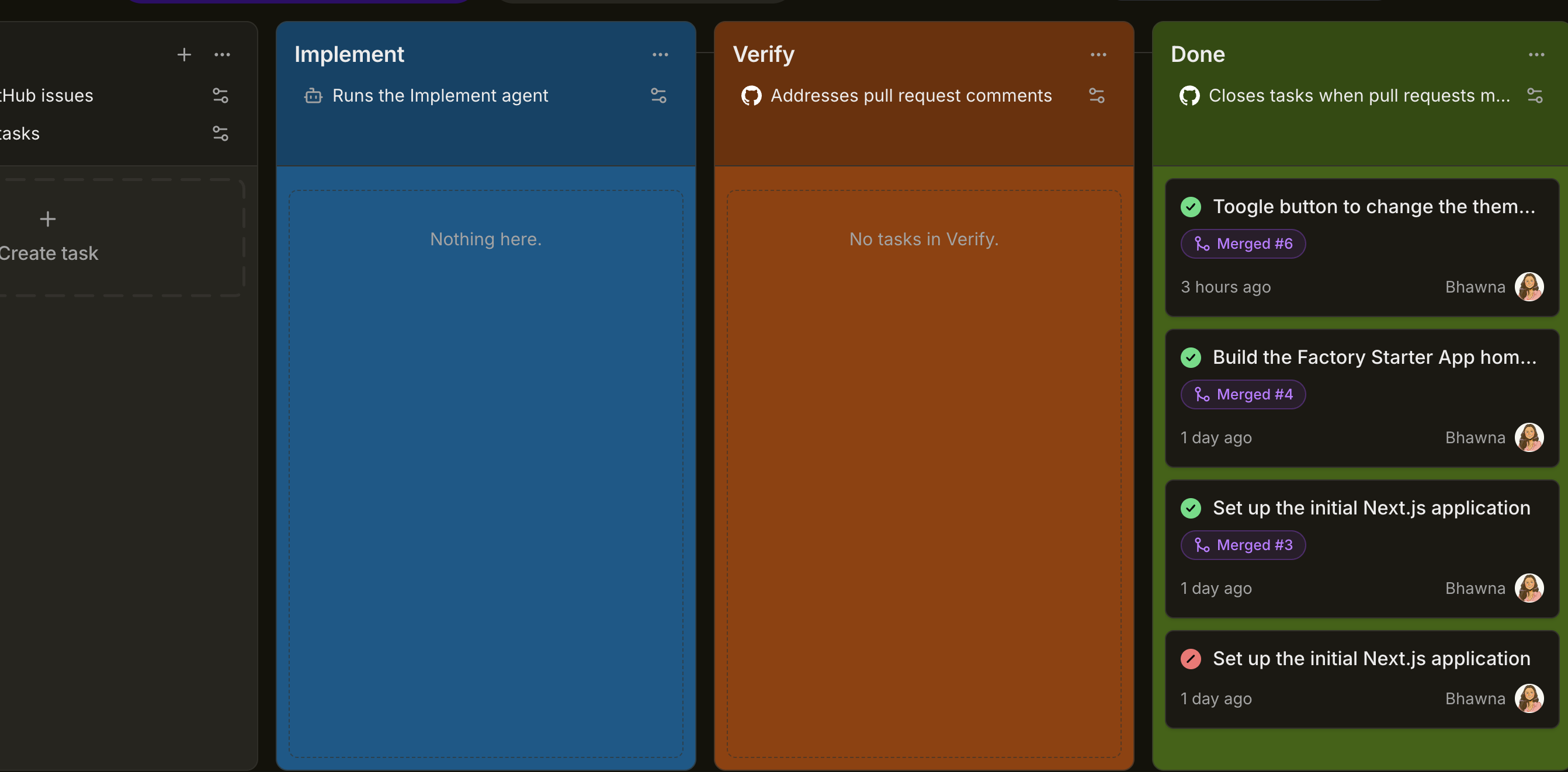 Merged theme toggle task in the Done stage