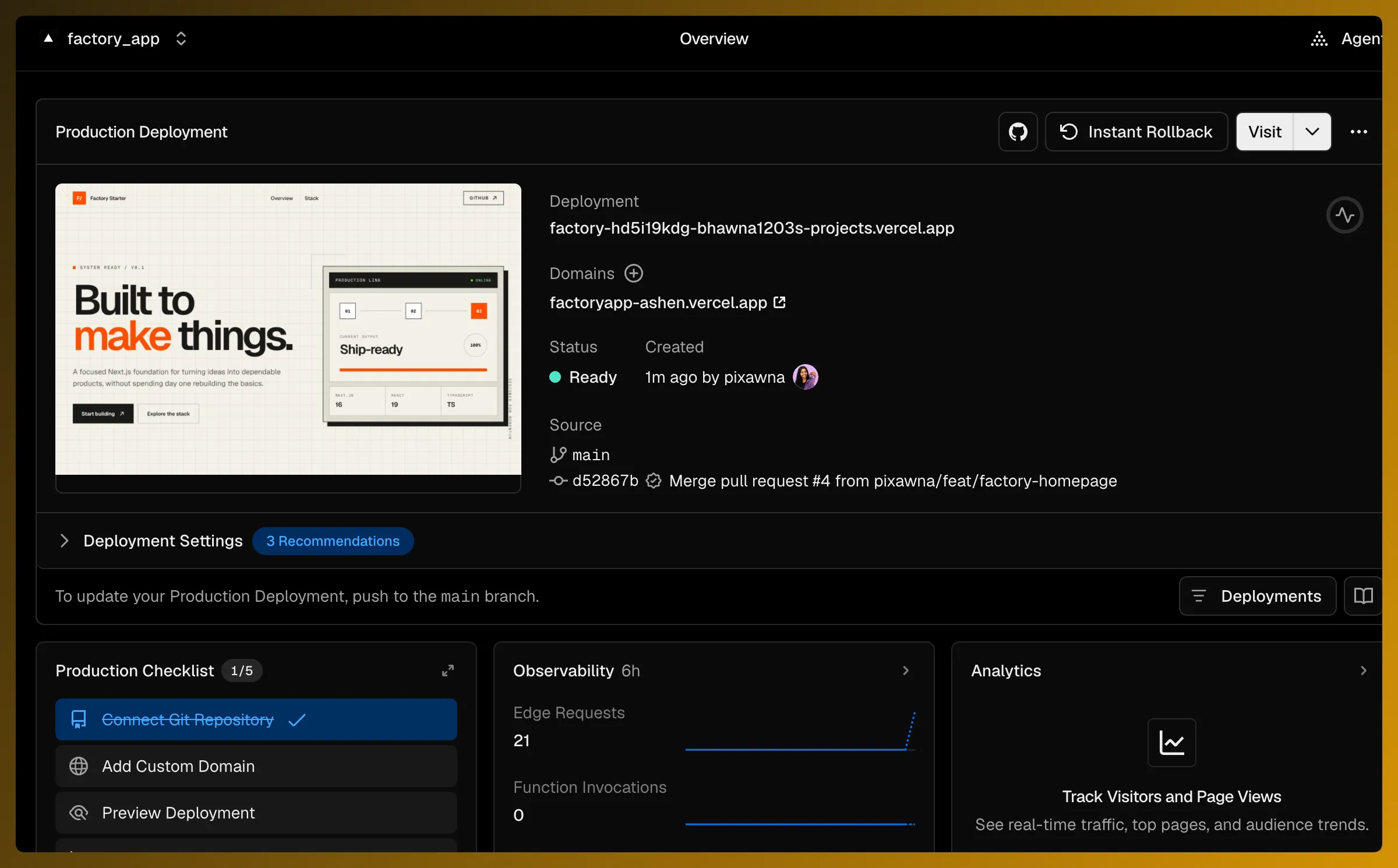 Vercel production deployment for the Factory Starter App