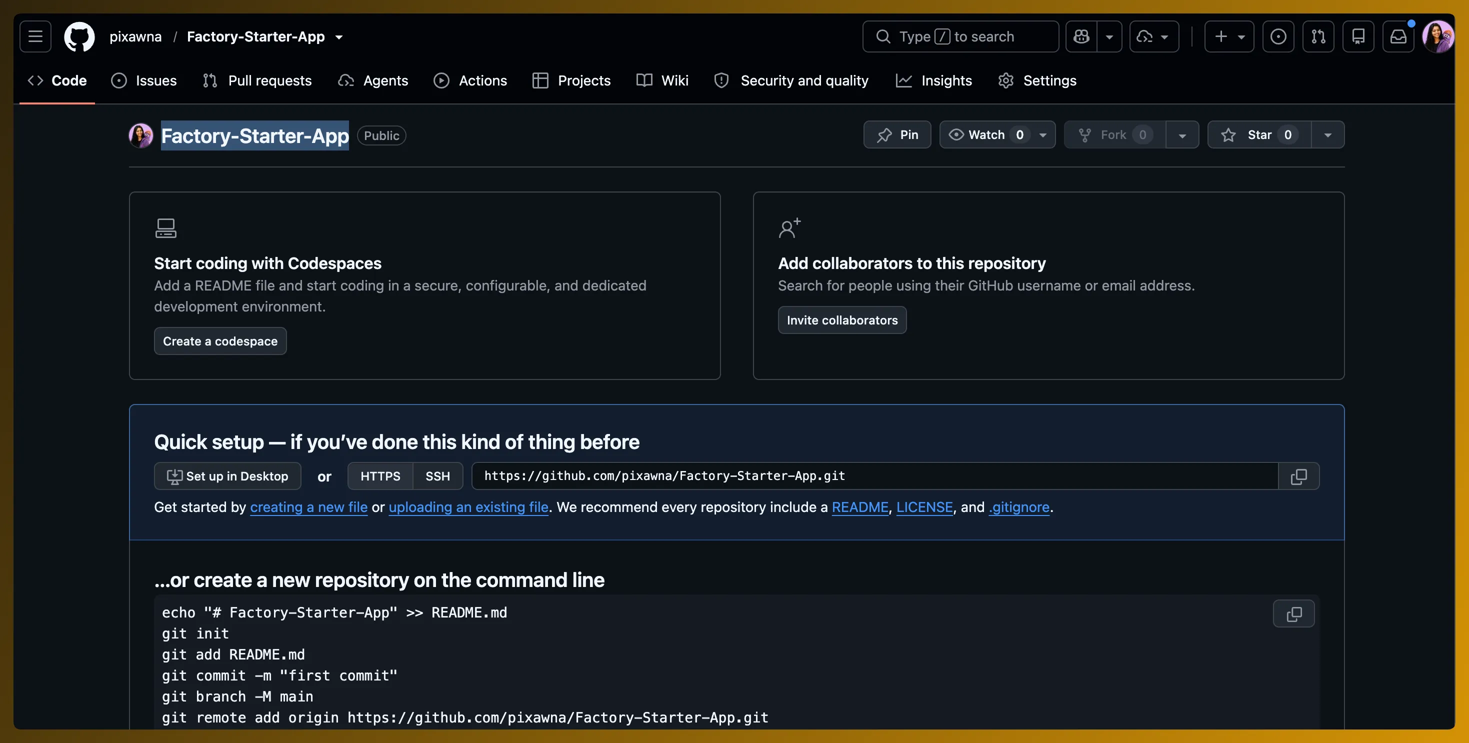 Empty Factory Starter App repository on GitHub