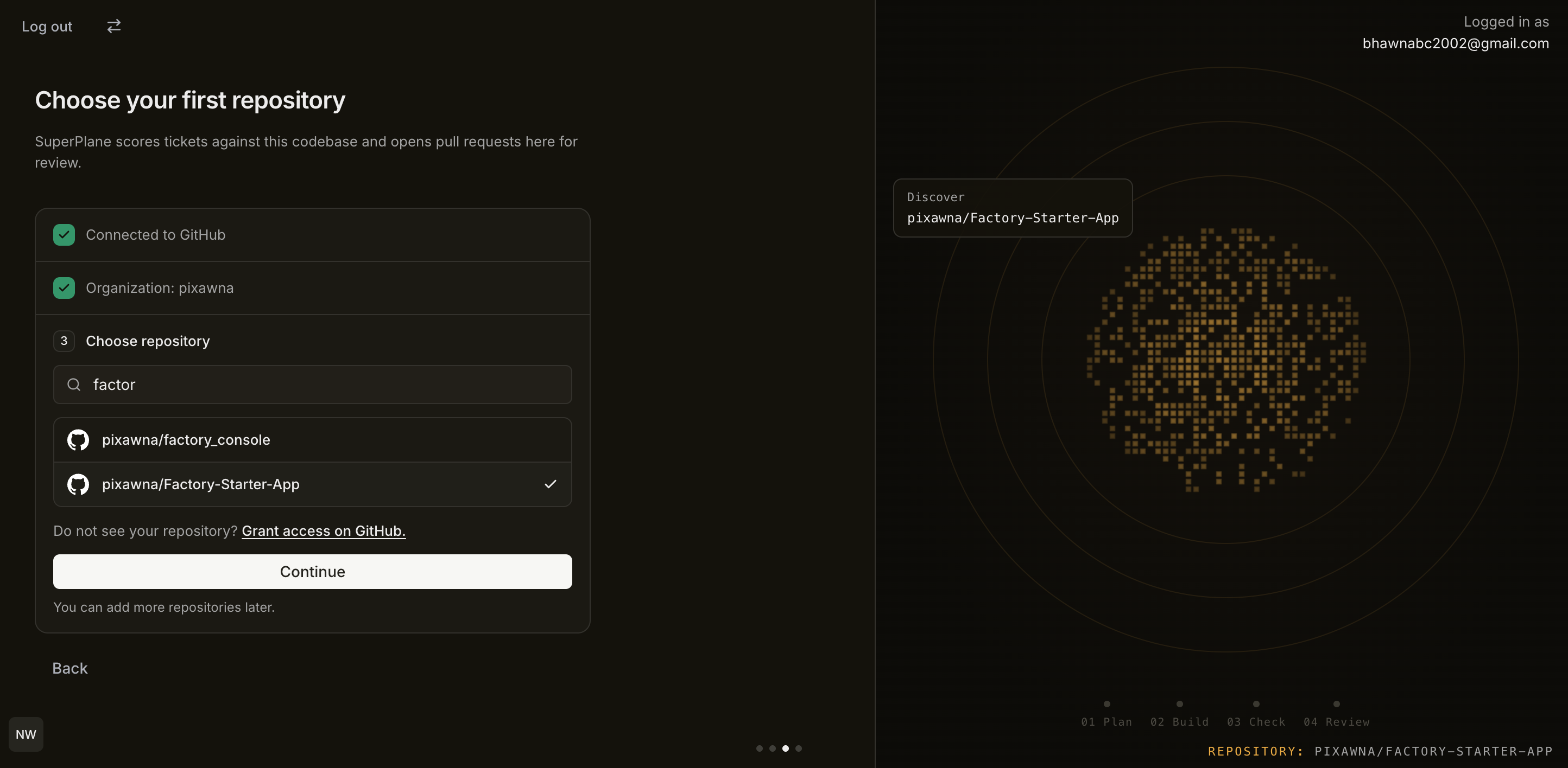 SuperPlane repository picker with Factory Starter App selected