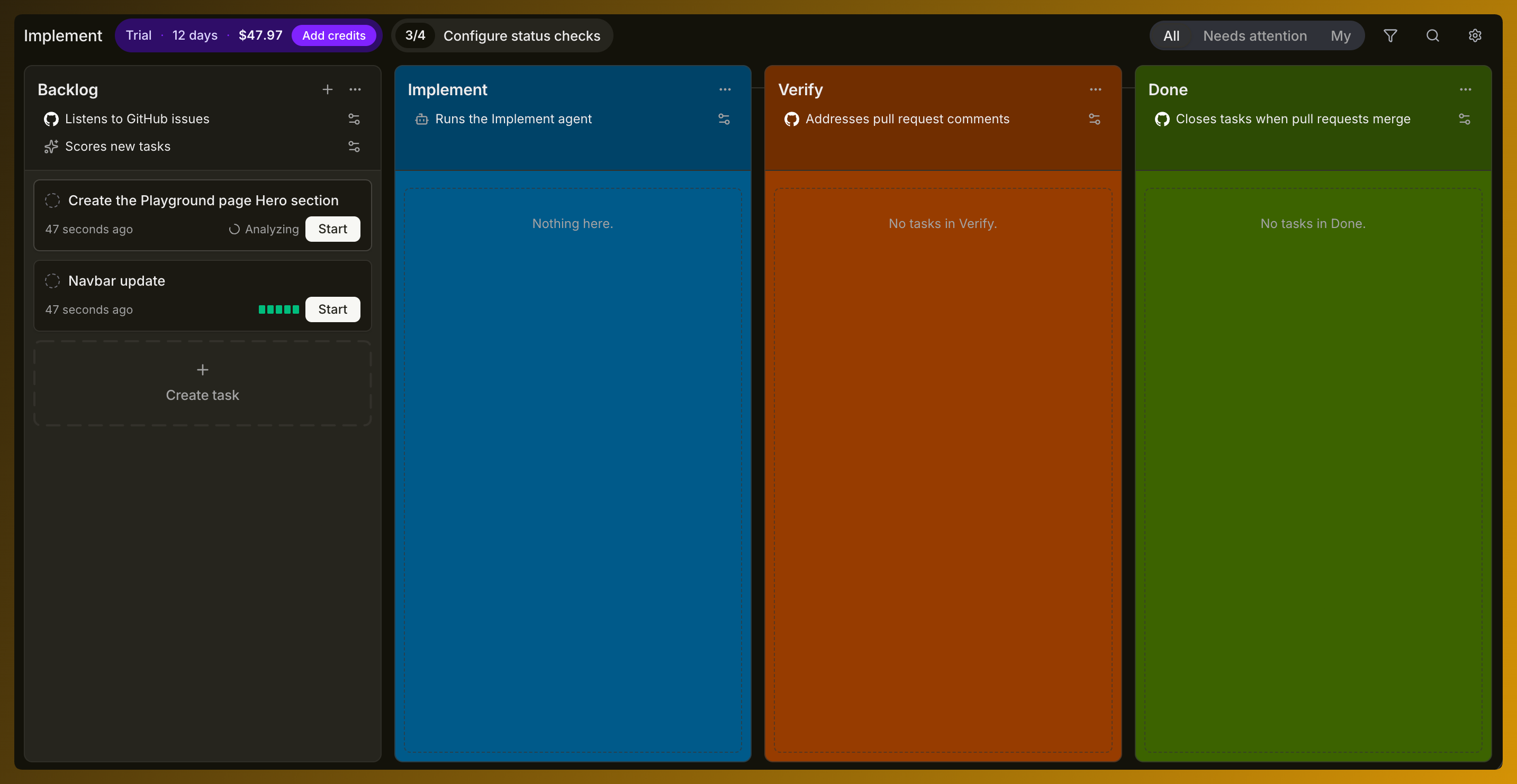 SuperPlane factory board with Backlog, Implement, Verify and Done stages