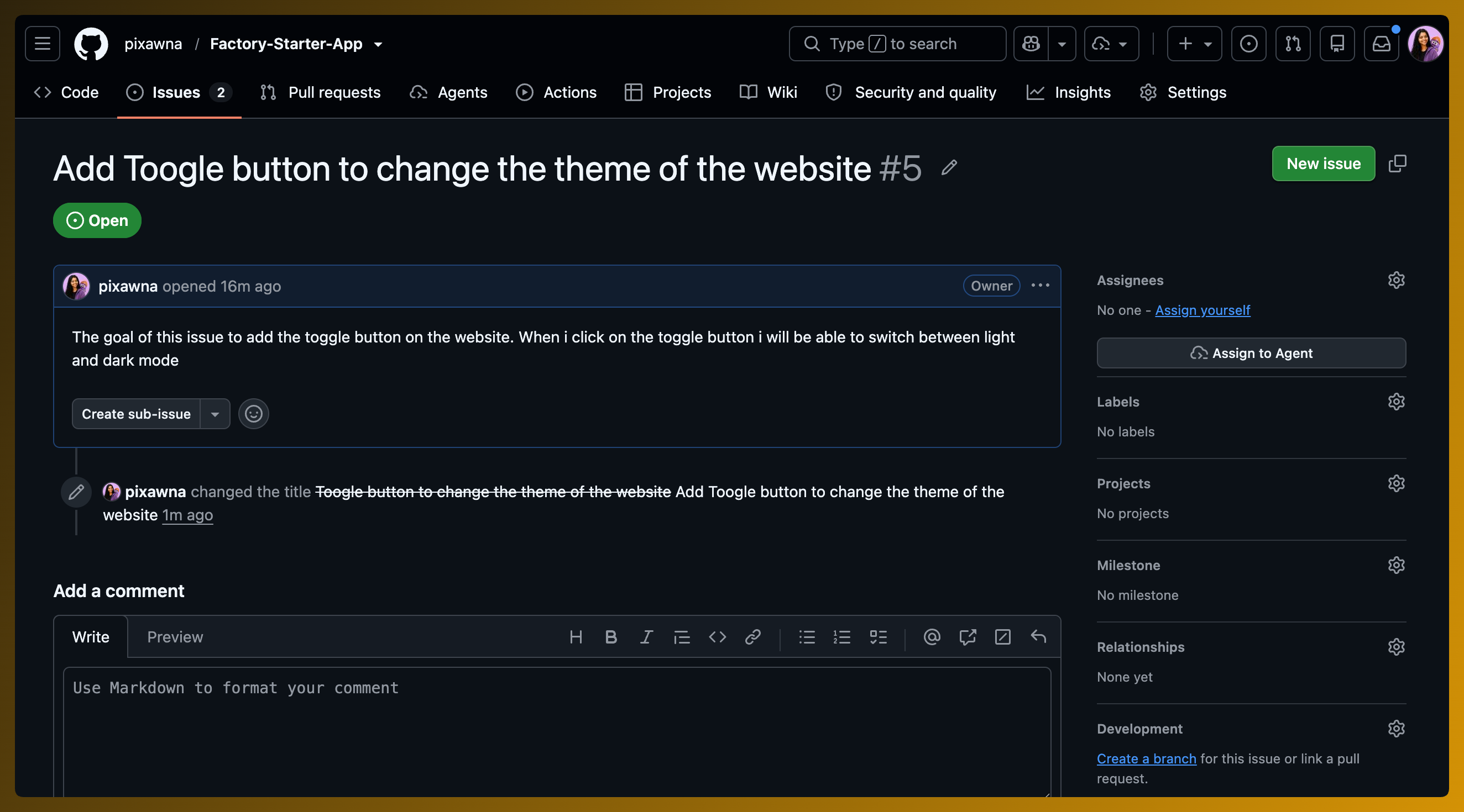 GitHub issue 5 requesting a light and dark theme toggle for the Factory Starter App