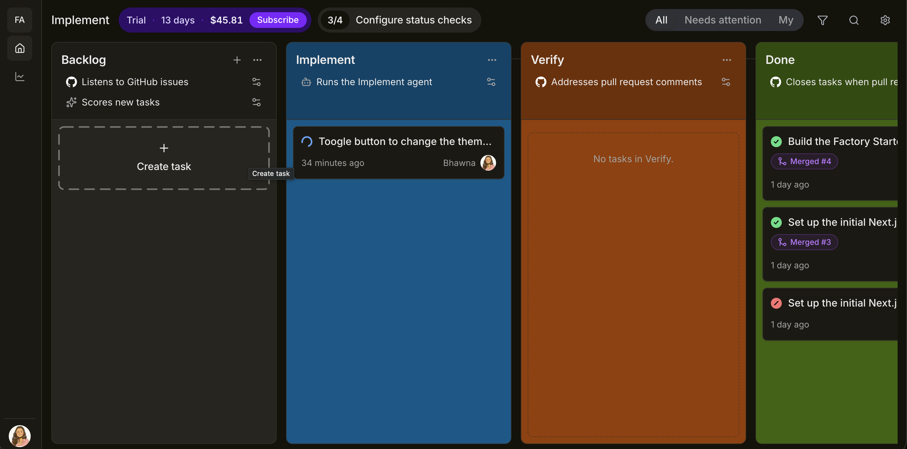 Theme toggle task running in the Implement stage