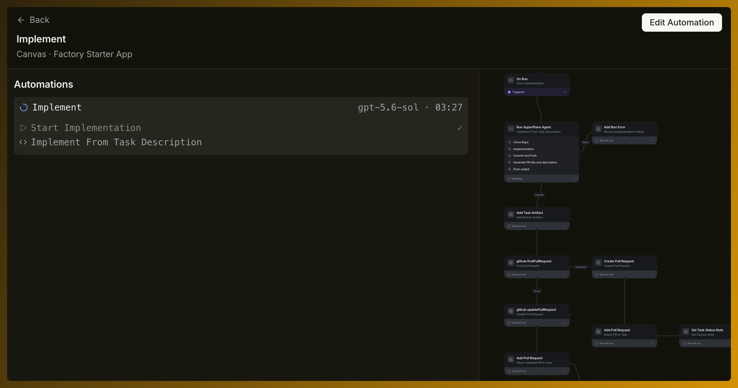 The Implement automation with a running agent and a workflow graph for creating or updating a pull request.