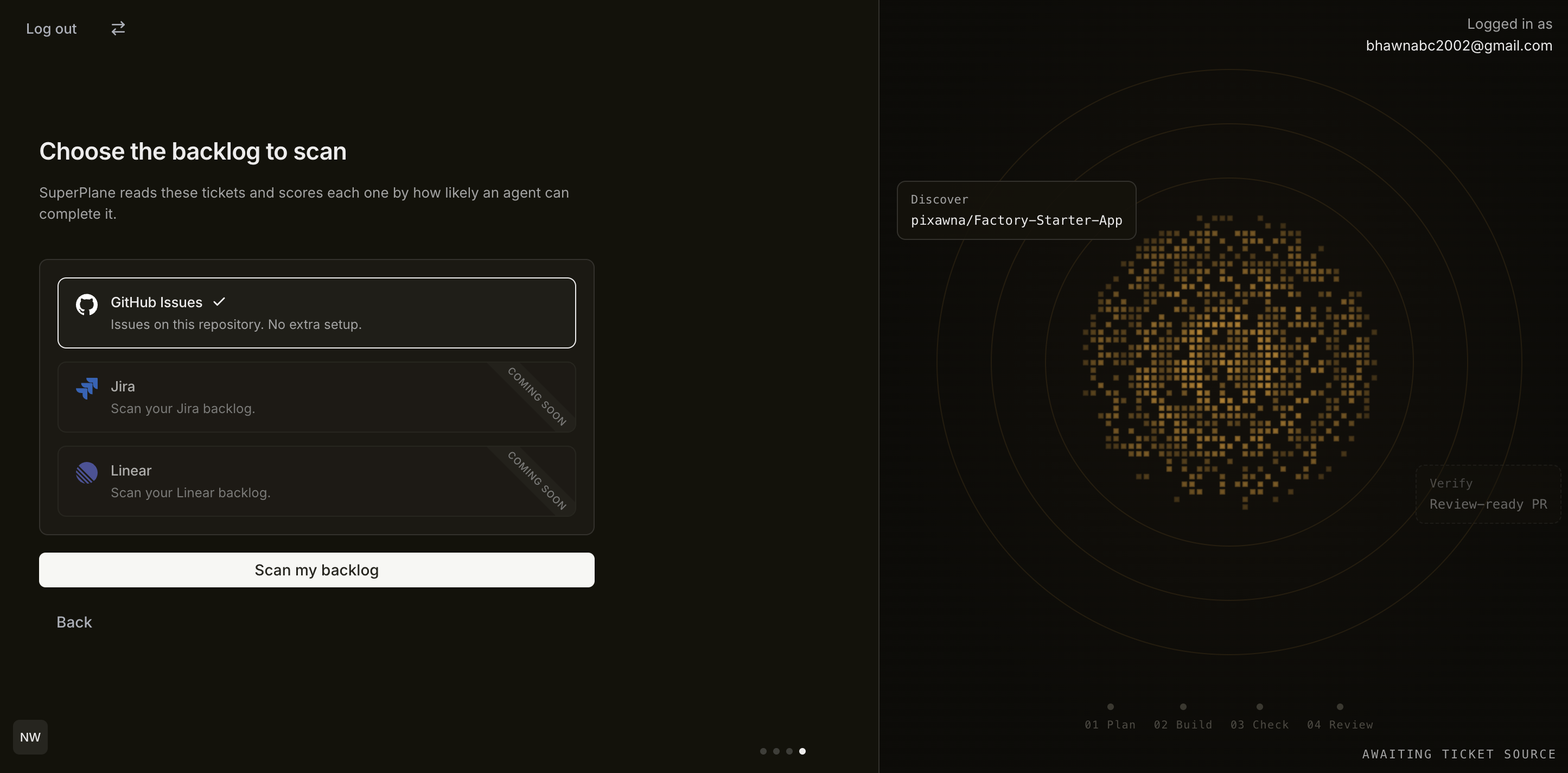 SuperPlane backlog import screen with GitHub Issues selected