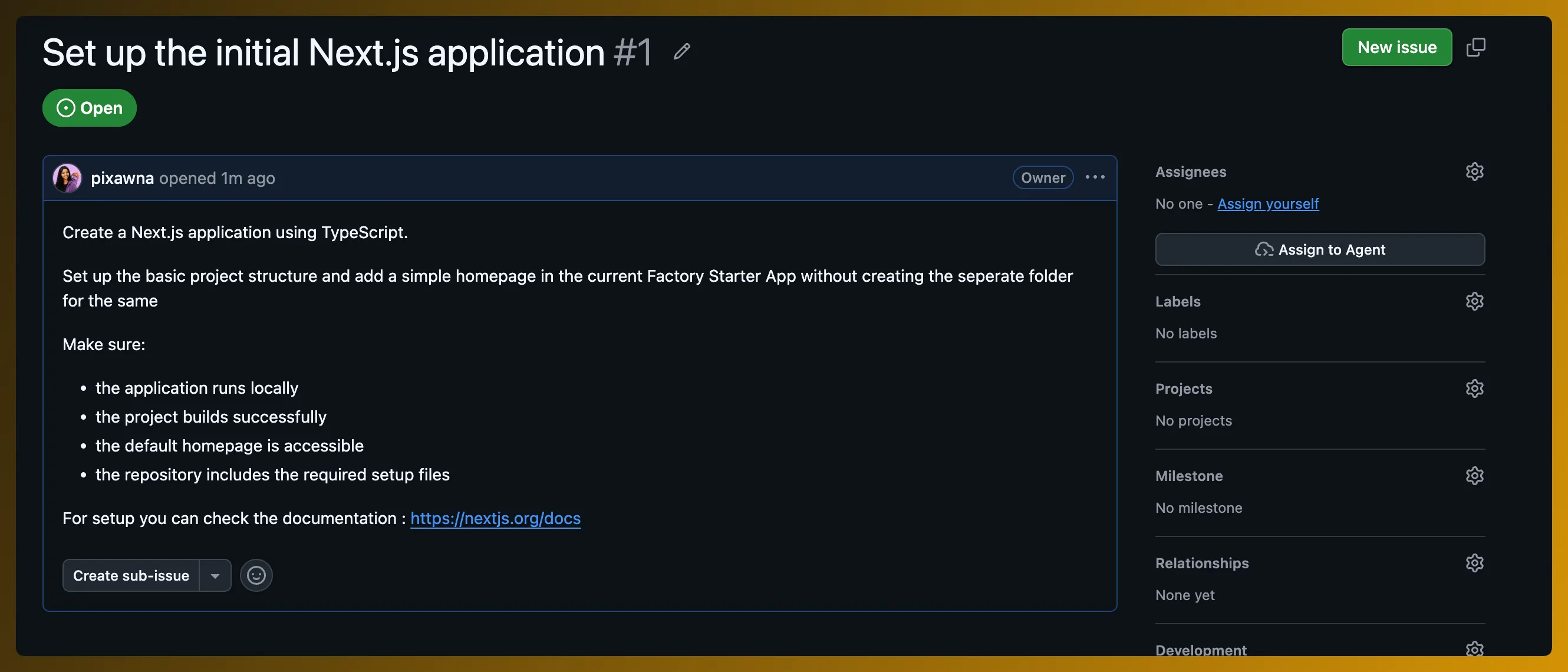 GitHub issue for setting up the initial Next.js application