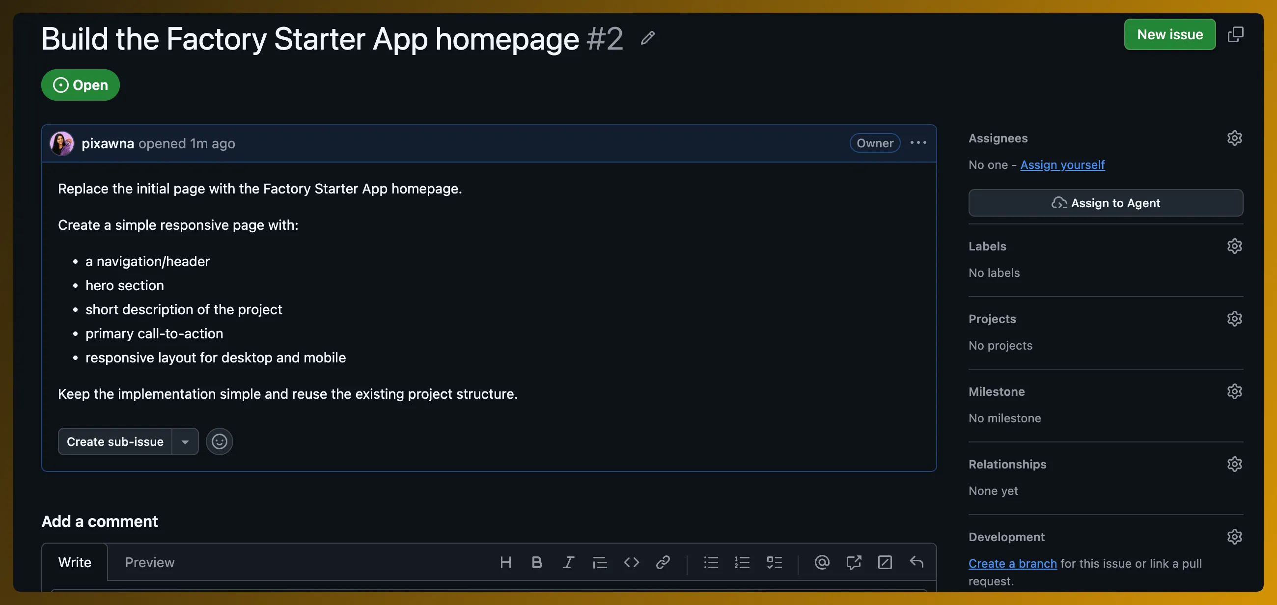 GitHub issue for building the Factory Starter App homepage