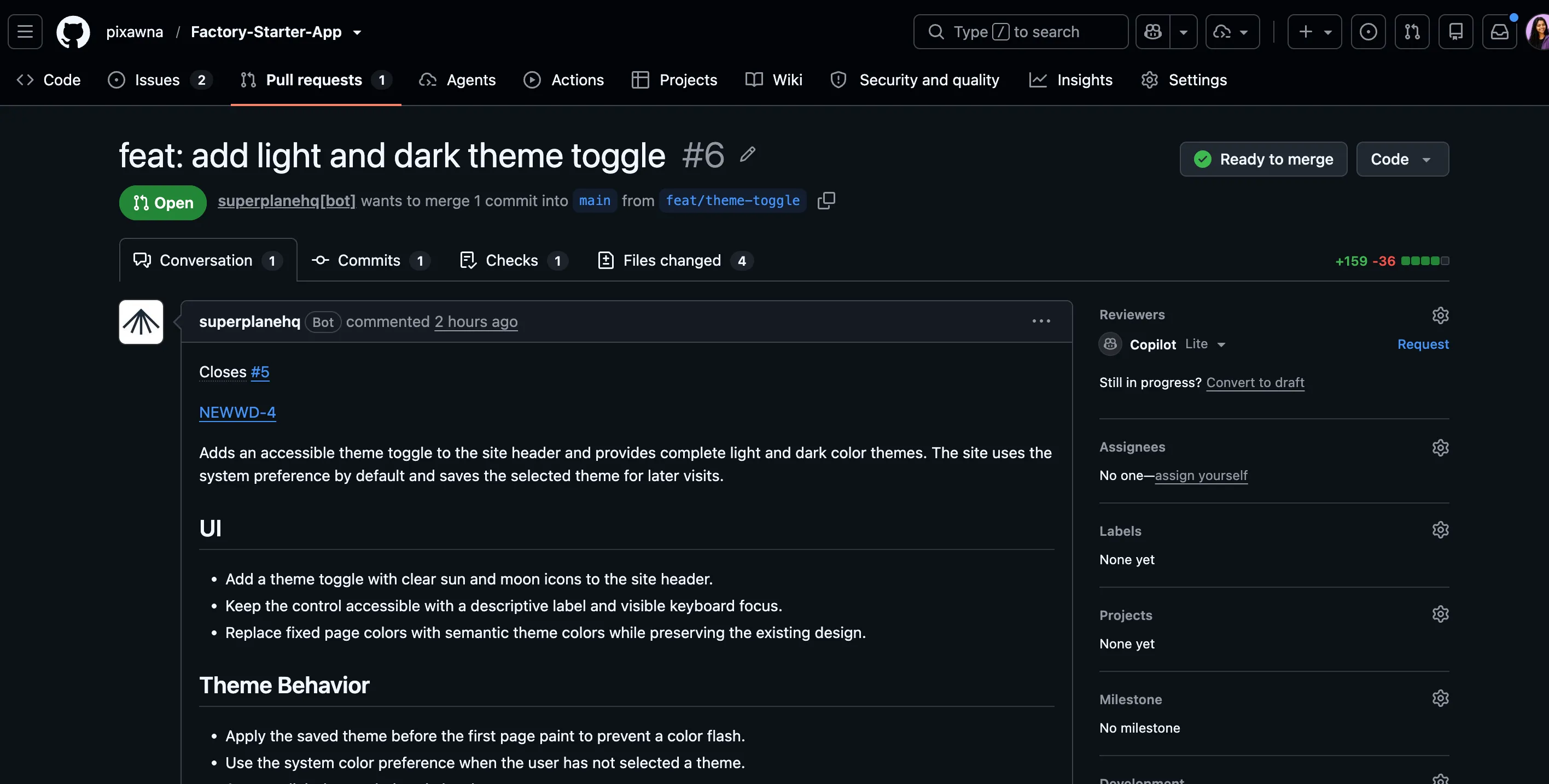 GitHub pull request for the Factory Starter App theme toggle