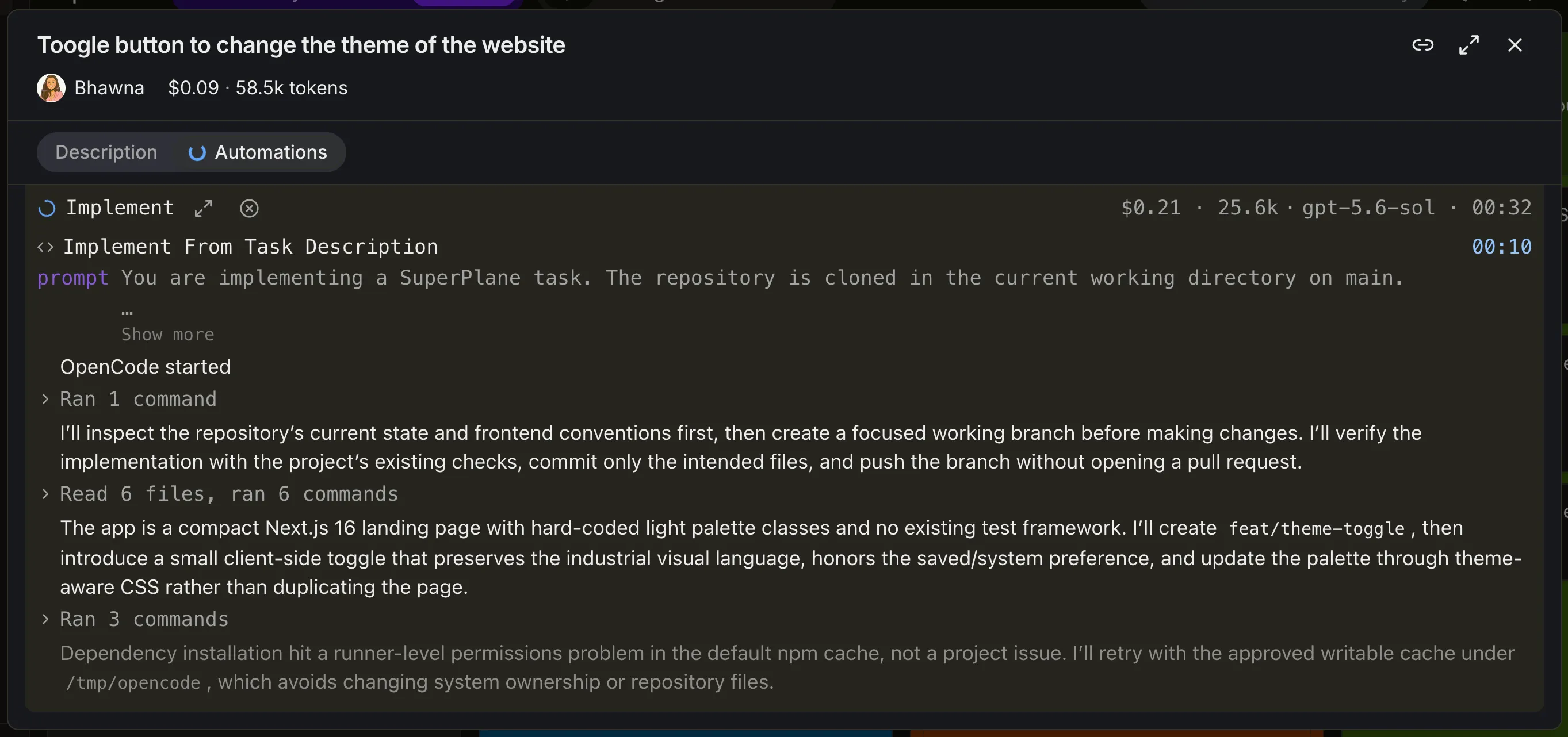 Implementation agent inspecting the Factory Starter App and working on the theme toggle