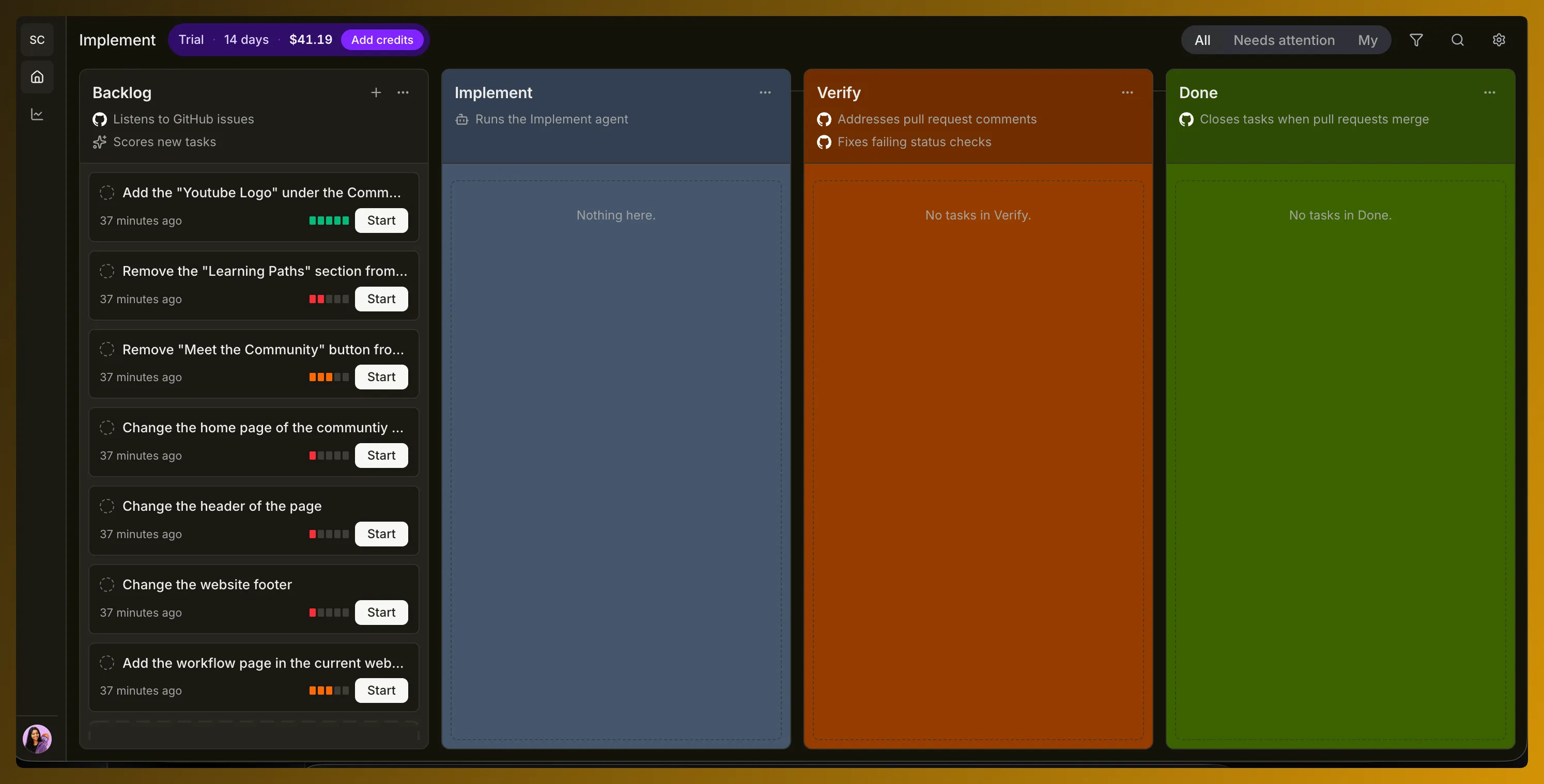 SuperPlane factory board with Backlog, Implement, Verify and Done stages